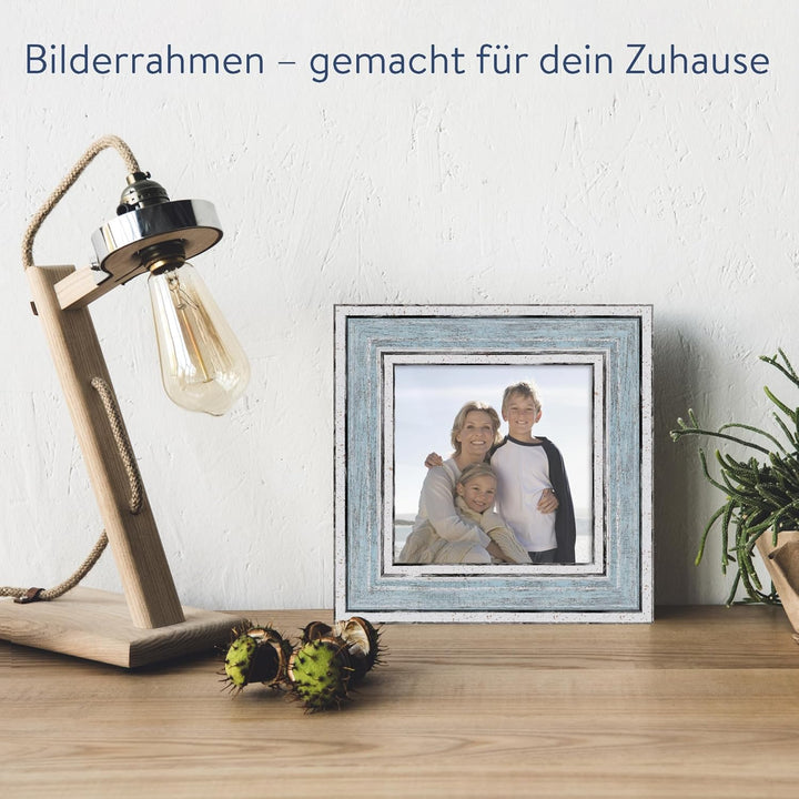 WANDStyle Bilderrahmen Blau 10x10 cm quadratisch aus Holz im Vintage-Stil mit Aufsteller und Aufhäng