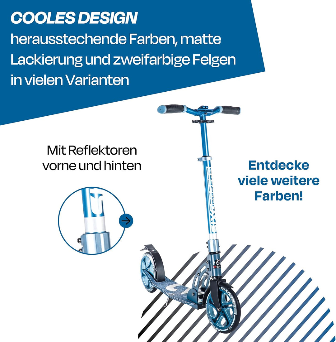 Six Degrees Aluminium Scooter mit Klappmechanismus, Ständer, 205 mm TESTSIEGER, ABEC 7, höhenverstel