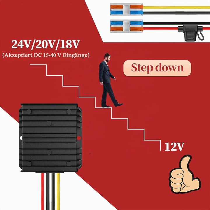 24V auf 12V 10A 120W, Spannungswandler 24V zu 12V mit Sicherung Wasserdicht und Schnellverbinder Kab