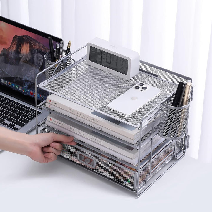 Vikmyer 4-Trays Desktop File Organizer, Mesh Office Desk Supplies Organizer Dokument Brieffachhalter