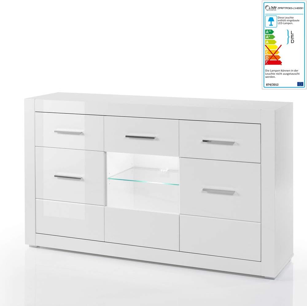 Lomadox Sideboard in weiss Hochglanz Breite: 164cm inkl. LED-Glaskantenbeleuchtung
