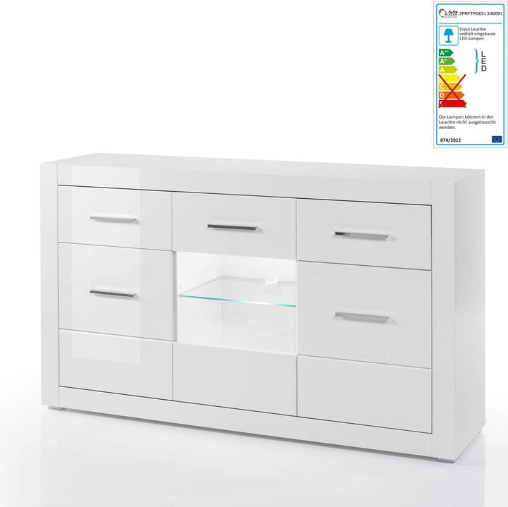 Lomadox Sideboard in weiss Hochglanz Breite: 164cm inkl. LED-Glaskantenbeleuchtung
