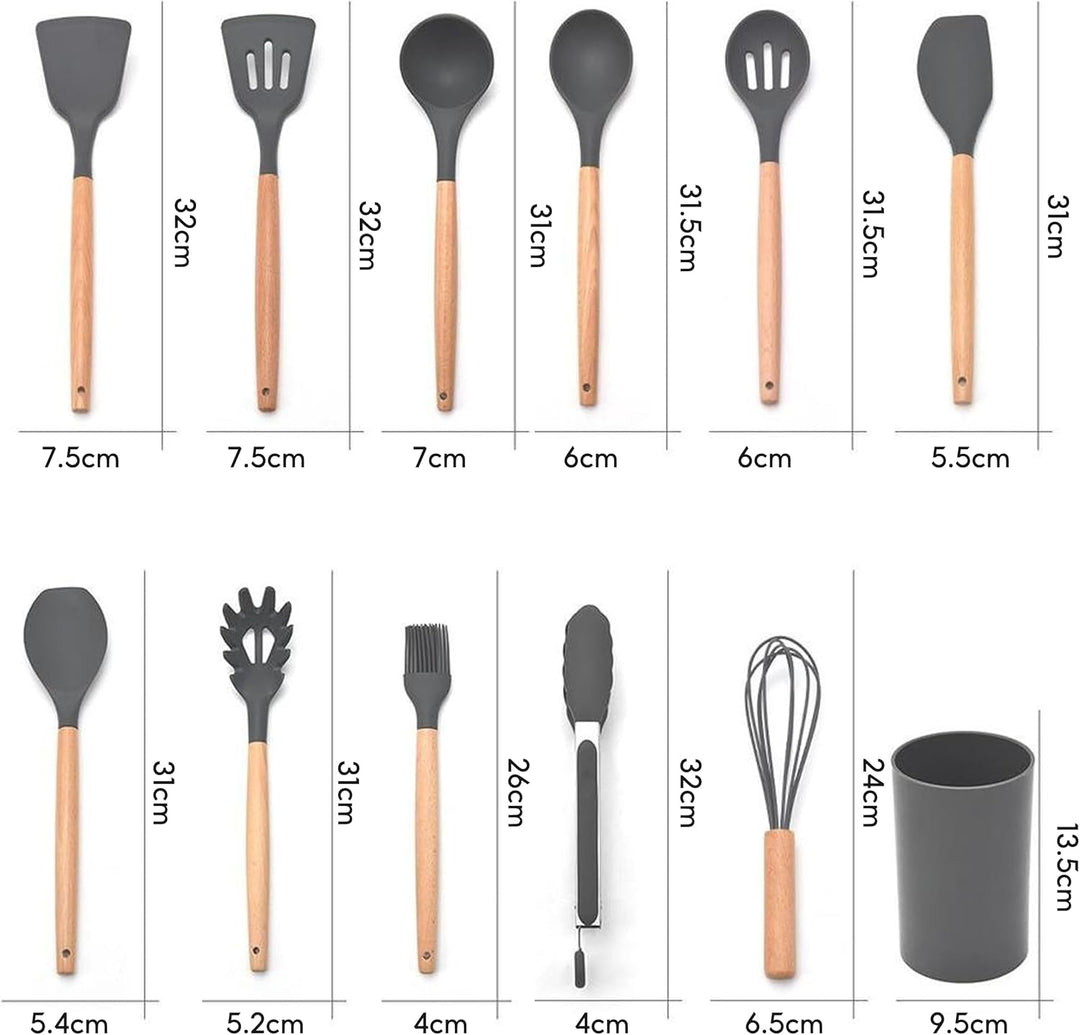 Küchenhelfer Set, 12 Stück Antihaft Hitzebeständiger Holzgriff Kochbesteck mit Utensilienhalter, Hol