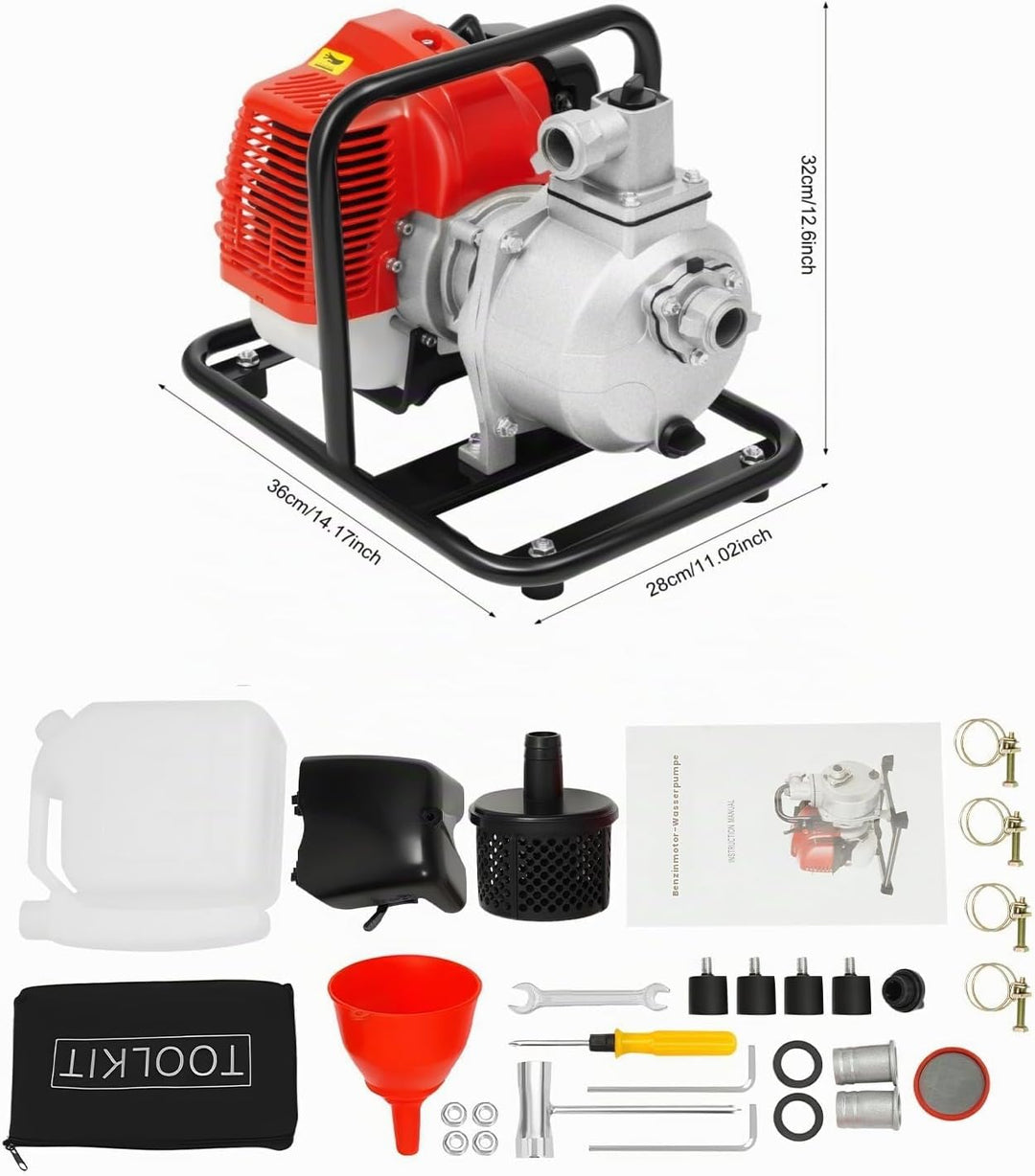 Benzin Wasserpumpe Gartenpumpe Schmutzwasserpumpe 1,25KW/1,7PS 8000 l/h 30m Förderhöhe | 2-Takt-Moto