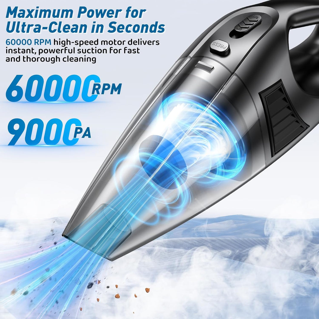 Handstaubsauger Kabelloser, 120W Motor, 60.000 U/min Saugleistung, 9.000 Pa, 2 waschbare Filter, 3 D
