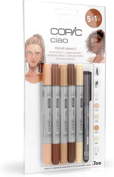 COPIC Ciao Marker Set 5+1 Portrait colours 2, Blisterpackung mit 5 Markern + 1 Multiliner 0,3 mm, fü
