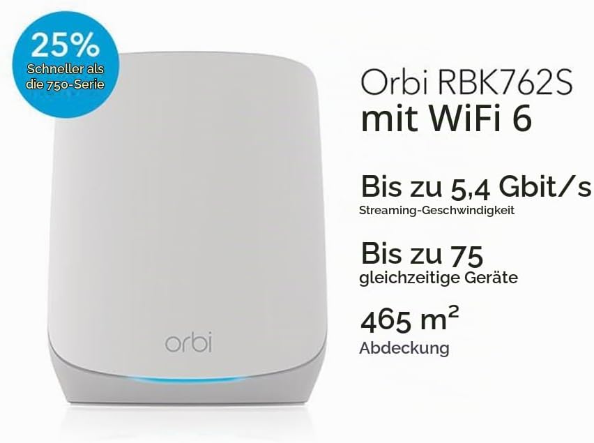NETGEAR Orbi RBK763S WiFi 6 Mesh WLAN System (5400 MBit/s Geschwindigkeit, TriBand WiFi 6 Router + 2