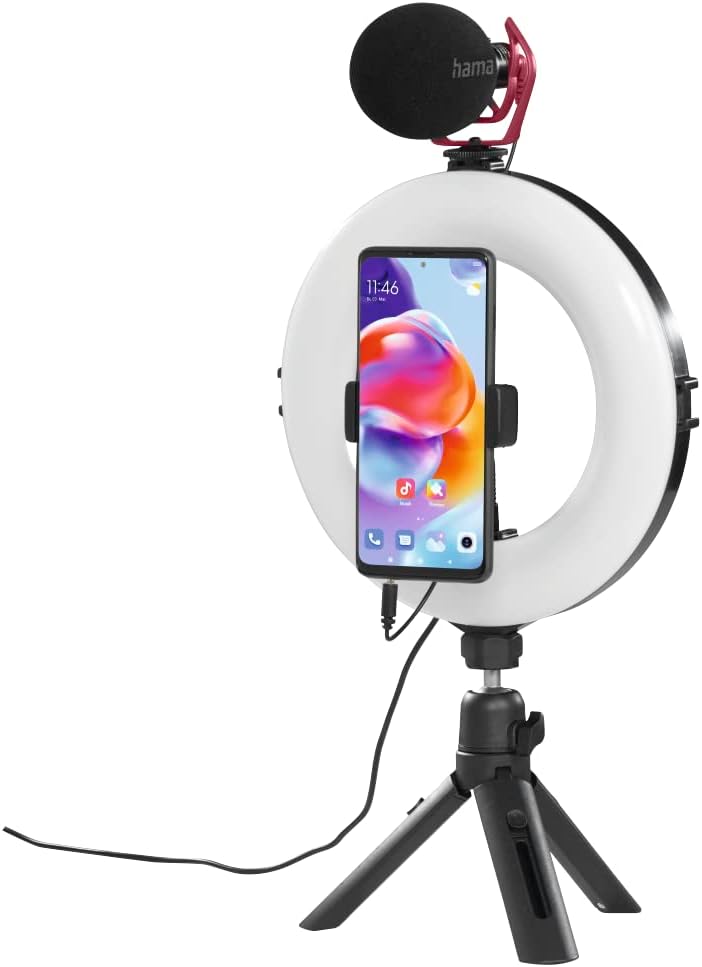 Hama LED Ringlicht mit Stativ Handy (8“ Ringleuchte, 21 cm Durchmesser, Tisch Stativ für die Kamera,