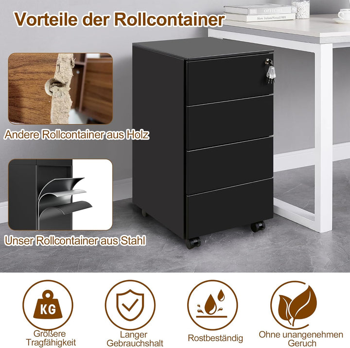 Rollcontainer, Mobiler Aktenschrank mit Schloss, 4 Schlüssel, 4 Schubladen, Metallschrank, Bereits V