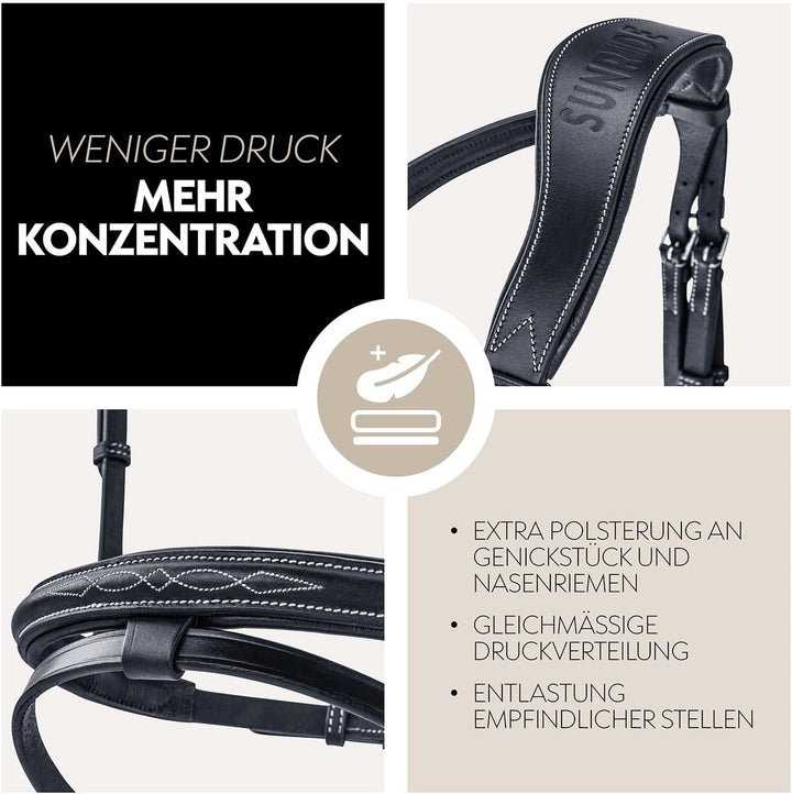 SUNRIDE englisch kombinierte Trense London mit Zügel, aus weichem Echtleder, verstellbar und anatomi