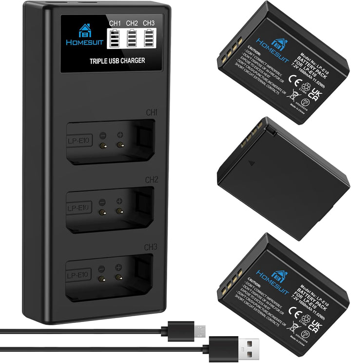 Homesuit LP-E10 Akku 1600 mAh und lp-e10 Ladegerät für Canon EOS 1100D, EOS 1200D, EOS 1300D, EOS 20