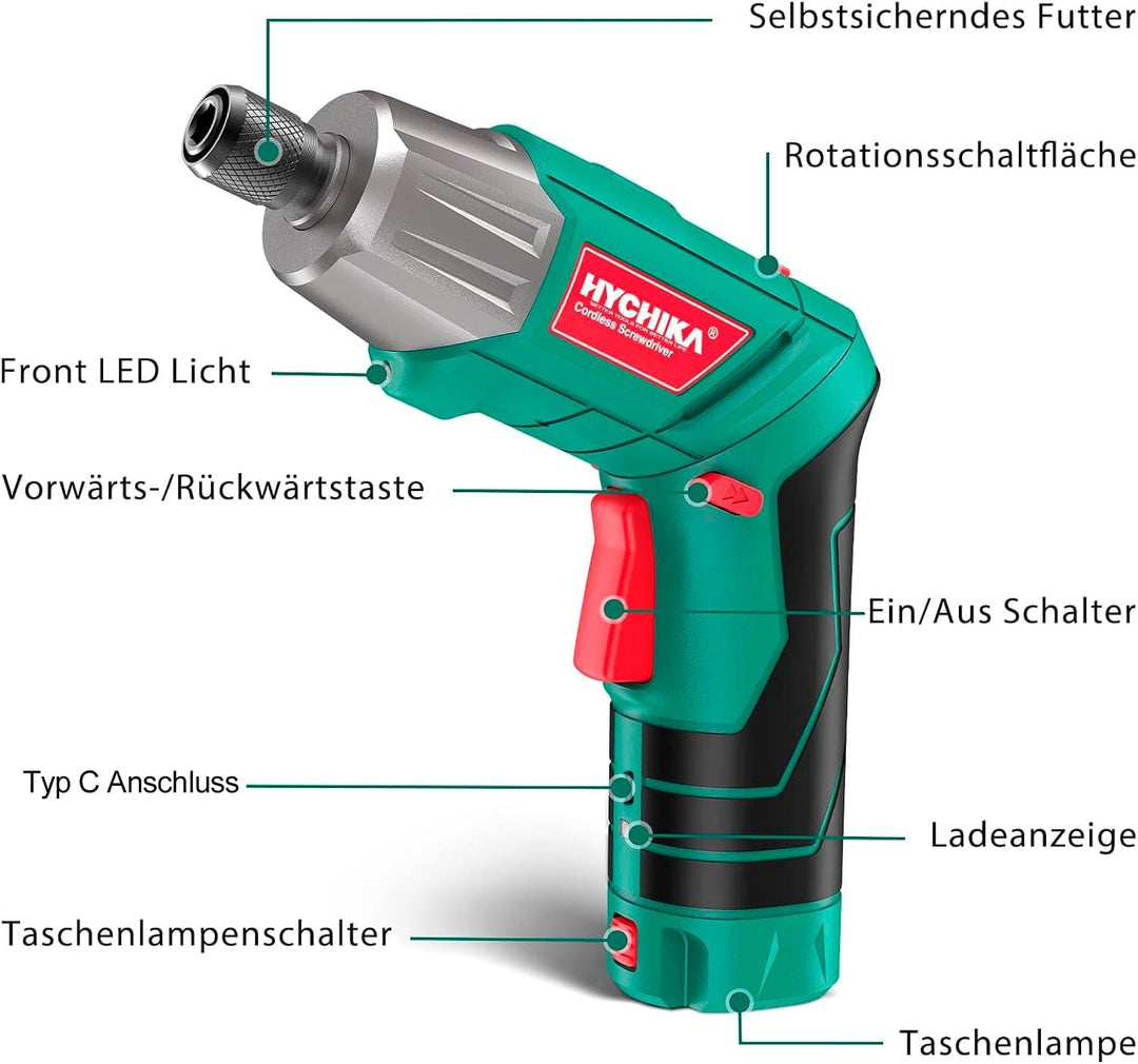 HYCHIKA Akkuschrauber, 6N·m Drehmoment 2000mAh 3,6V Akku mit 35 Zubehörteilen, LED-Licht und Taschen