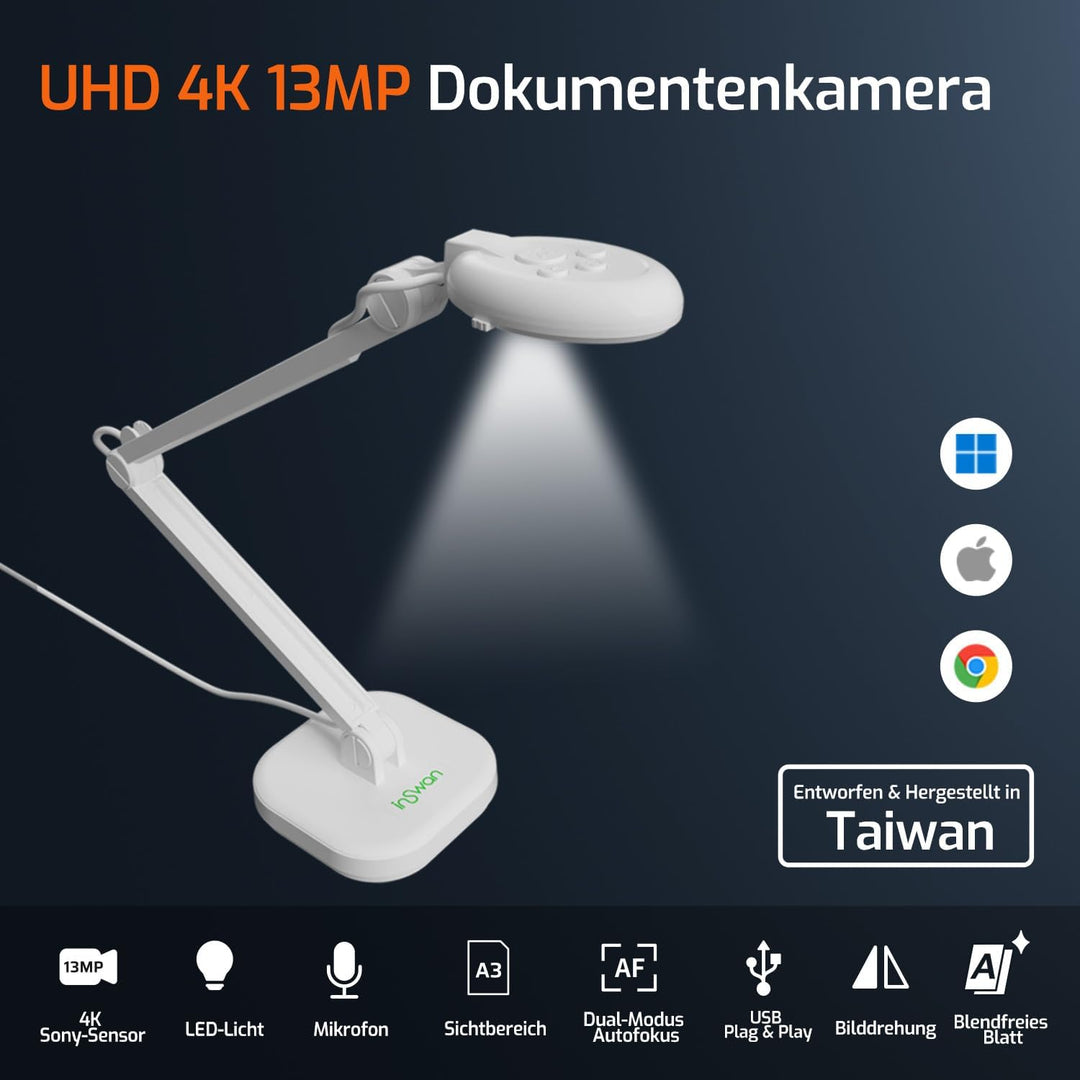 INSWAN INS-2 13MP 4K USB Dokumentenkamera & Visualizer – Ultra HD, A3-Format, Autofokus, LED, Mikrof