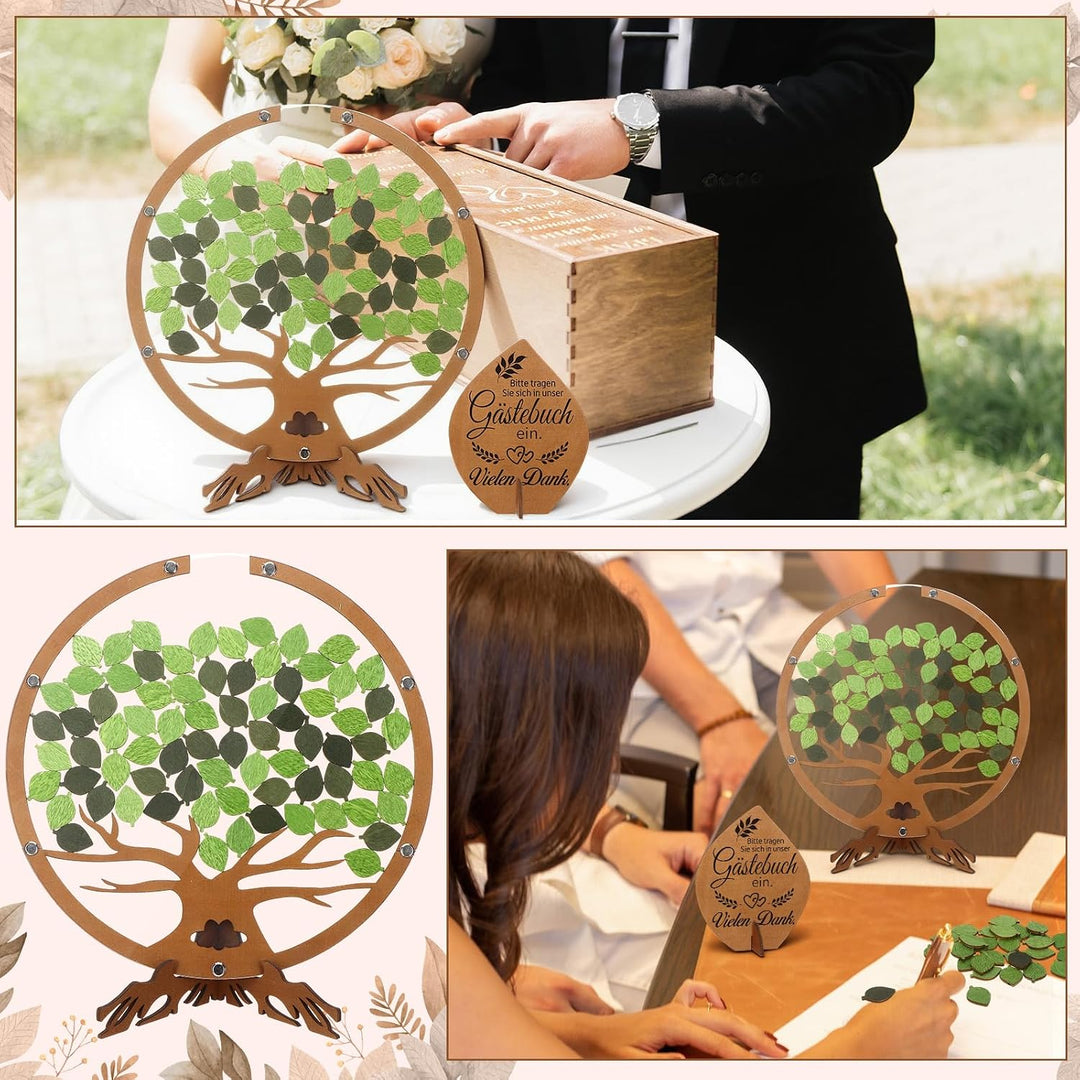 Gästebuch Hochzeit Holz Gästebuch in Baumform mit 60 grünen Blättern zum Unterschreiben für Hochzeit