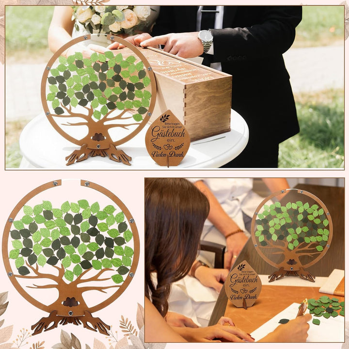 Gästebuch Hochzeit Holz Gästebuch in Baumform mit 60 grünen Blättern zum Unterschreiben für Hochzeit