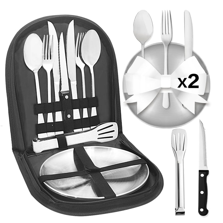 Camping Geschirr 2/4 Personen, 11/21PCS Camping Zubehör Camping Besteck Set Edelstahl Picknick Zubeh