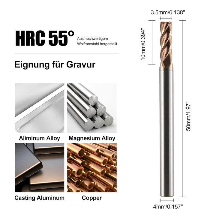 5 Stück VHM Fräser Schaftfräser Hartmetal, AlTiN beschichtet 55 HRC 4 Schneiden, bohren, fräsen, sch