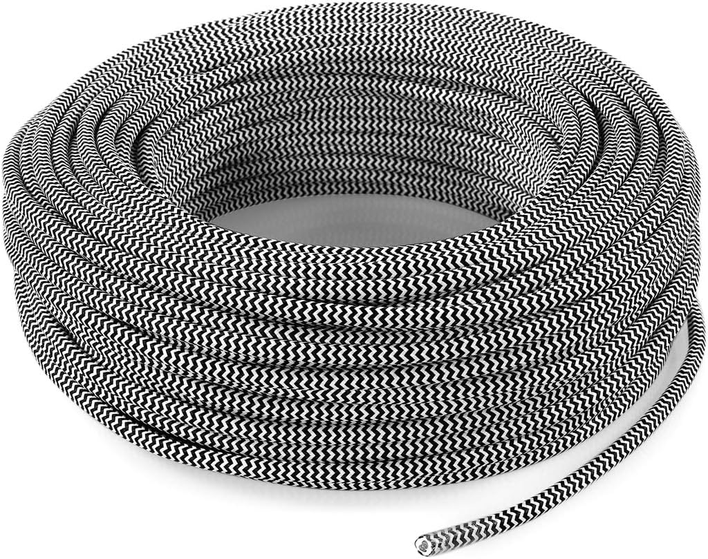 Textilkabel für Lampe, Stoffkabel 3-adrig (3x1,50mm²) - Weiss/Schwarz. Made in Italy (10 Meter), 10