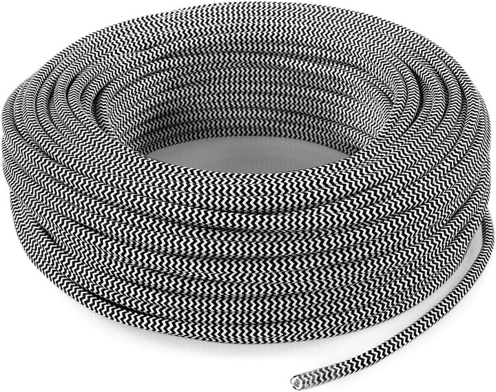 Textilkabel für Lampe, Stoffkabel 3-adrig (3x1,50mm²) - Weiss/Schwarz. Made in Italy (10 Meter), 10