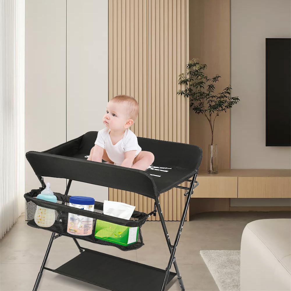 Baby Wickelkombi - klappbare Wickelkommode, mobiler Wickeltisch mit Wickelauflage, Sicherheitsgurt u
