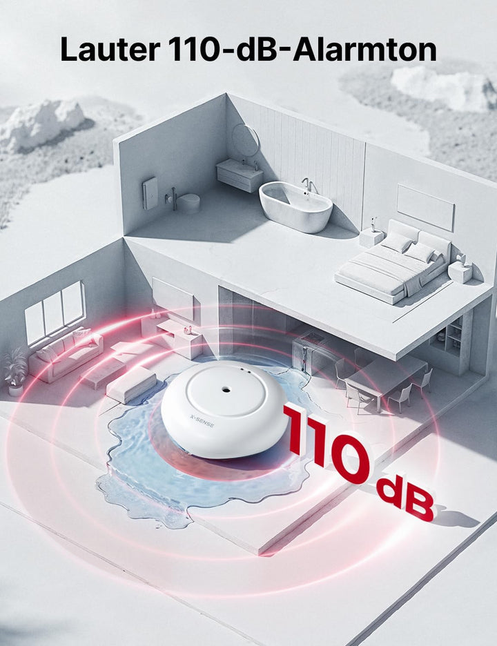 X-Sense STANDALONE Wassermelder mit Batterie, Wassersensor IP66, Mini-Wasserdetektor mit 110 dB Audi