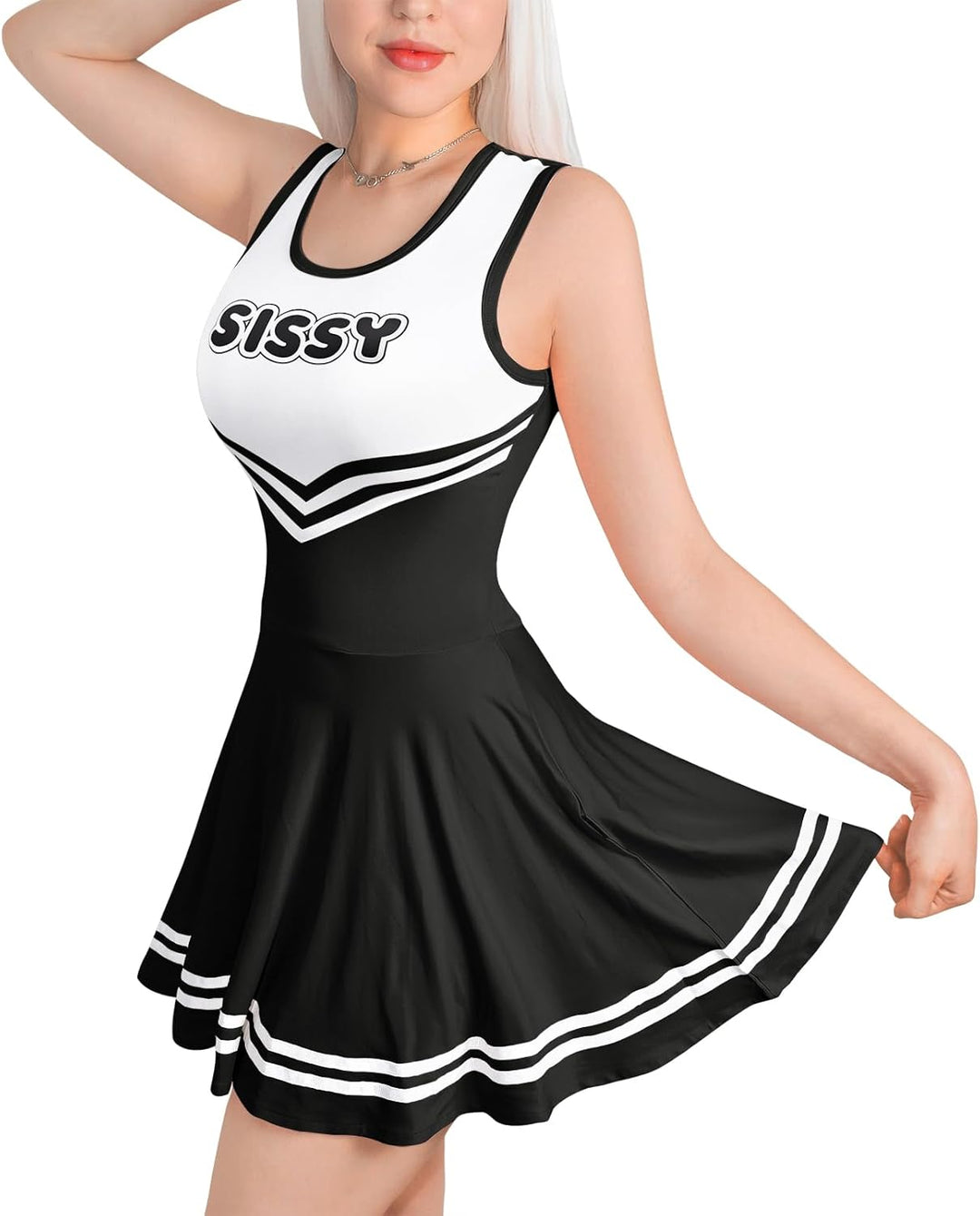 LittleForBig Damen Seidenweichen Ärmellose Overall Cheer Sissy Bodycon Mini Kleid Rock XS Schwarz, X