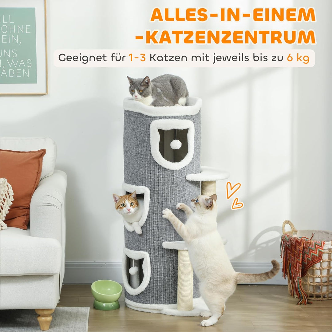 PawHut Kratztonne, 101 cm hoch Katzentonne mit Höhle, Spielball, Plüschrand, mehrstöckig Kratzbaum m