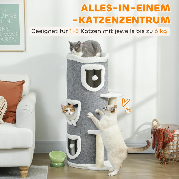 PawHut Kratztonne, 101 cm hoch Katzentonne mit Höhle, Spielball, Plüschrand, mehrstöckig Kratzbaum m