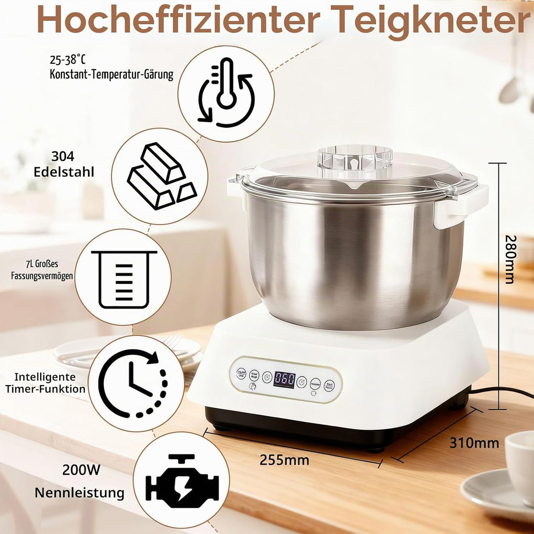 Edelstahl-Teigknetmaschine, 7L Grossvolumige Knetmaschine zum Backen mit thermostatischer Gärfunktio