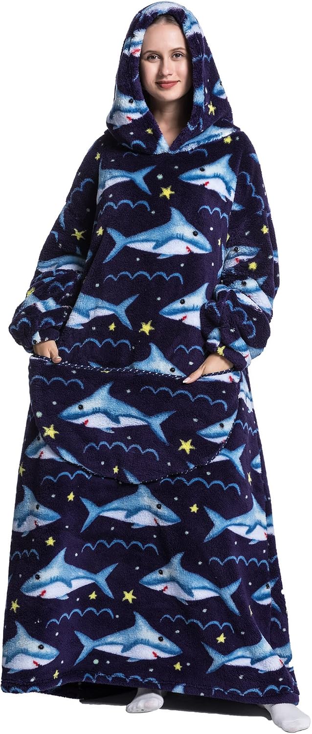 Hoodie Decke Extra Lang mit Kapuze und Tasche für Damen Herren Hai 2, Hai 2
