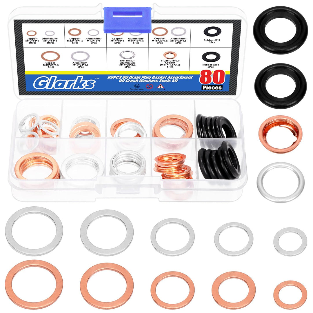 Glarks 80pcs 11 Grössen Automotive Öl Drain Plug Dichtung Kit M10 M11 M12 M14 M16 M18 Aluminium Kupf