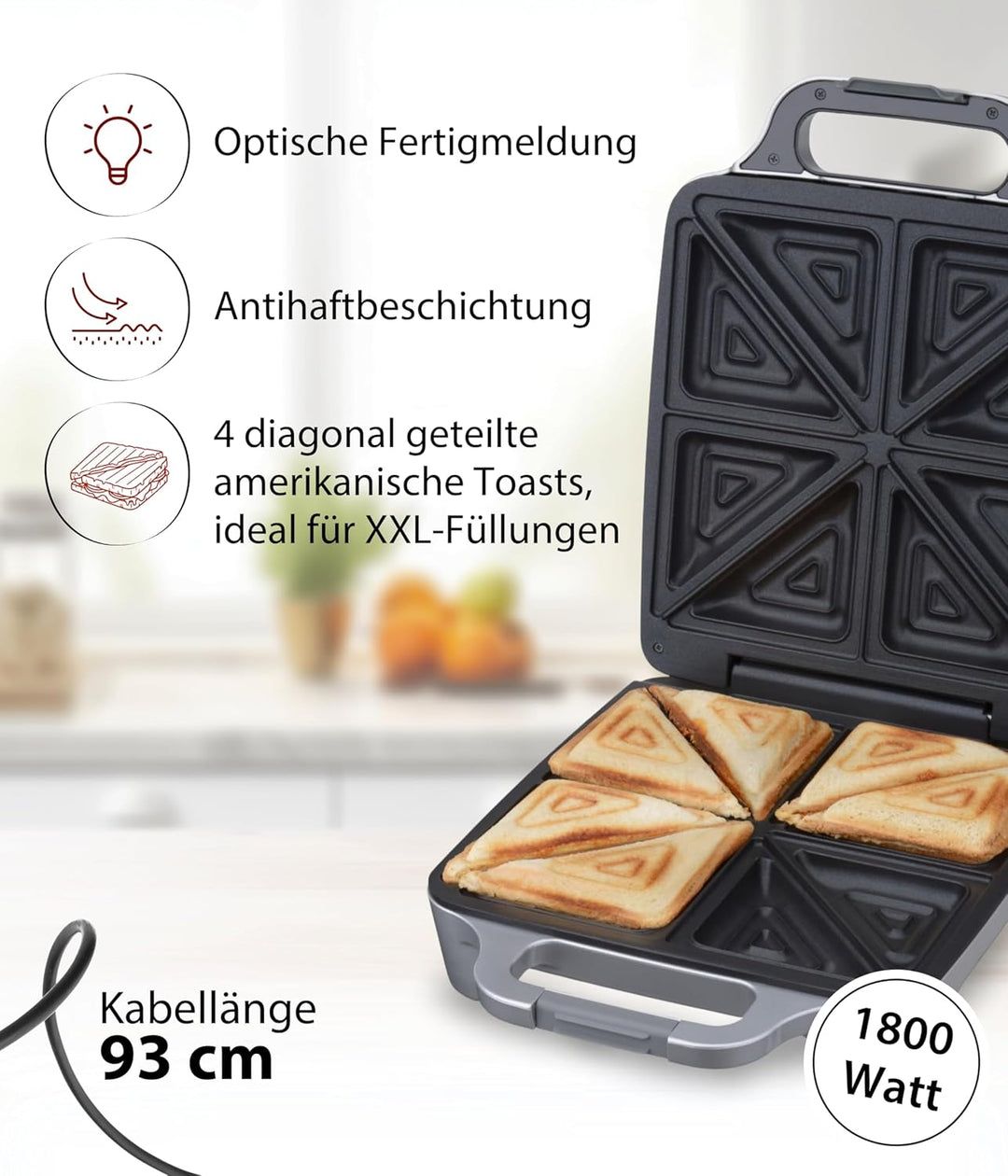 Cloer 6269 Sandwichmaker XXL / 1800 W / für 4 Sandwiches / American Toast / XXL-Füllung / optische F