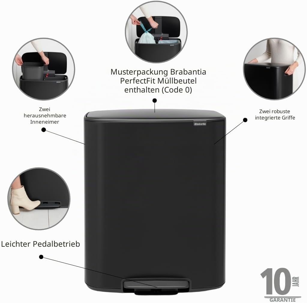 Brabantia Recycling-Treteimer, Stahl, mattschwarz, gross (2 x 30 l) 2 Inneneimer (2 x 30L) Matt Blac