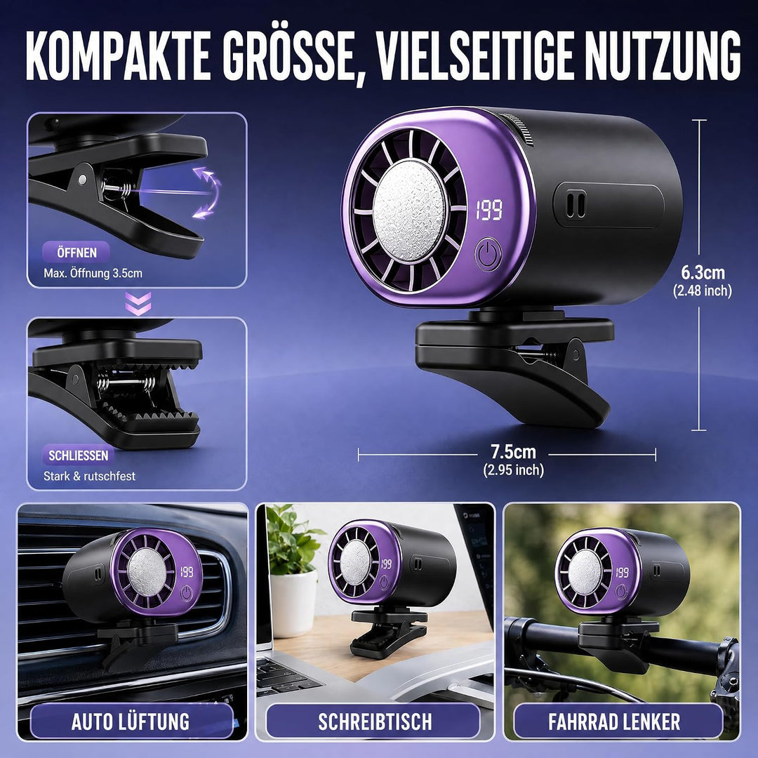 Auto Ventilator, Auto Clip on Klimaanlage Ventilator mit LED Display | 360° Drehung, 199 Einstellbar