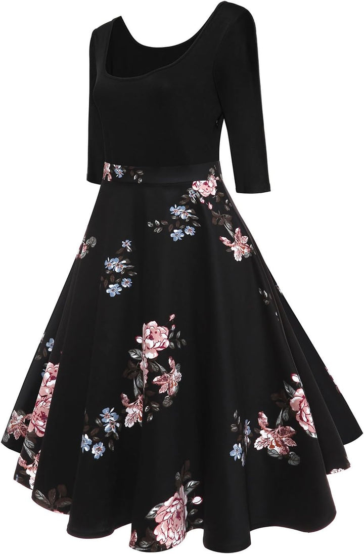 AXOE Damen A-Linie Kleid 60er Jahre Rockabilly 3/4 Ärmel Farbe 4 L, Farbe 4 L