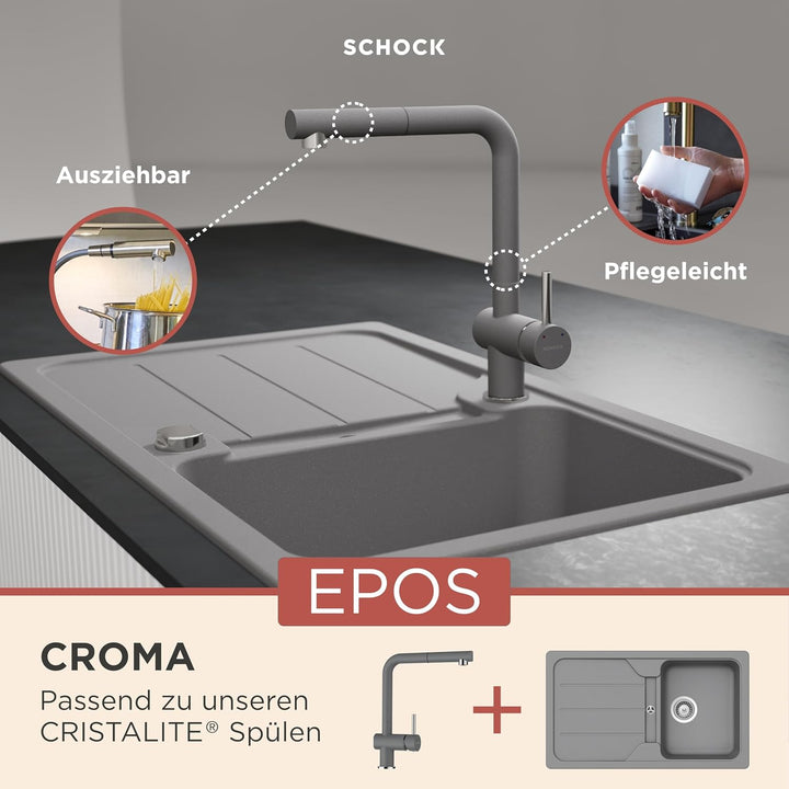 SCHOCK Küchenarmatur Epos Croma – Hochdruck Armatur mit ausziehbarer Schlauchbrause Schlauchbrause C
