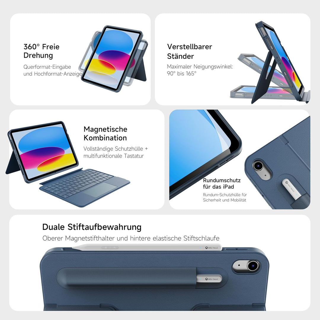 HOU iPad A16/10. Generation Case mit Tastatur, Drehbare und Abnehmbare Tastatur für iPad 11/10, Elas