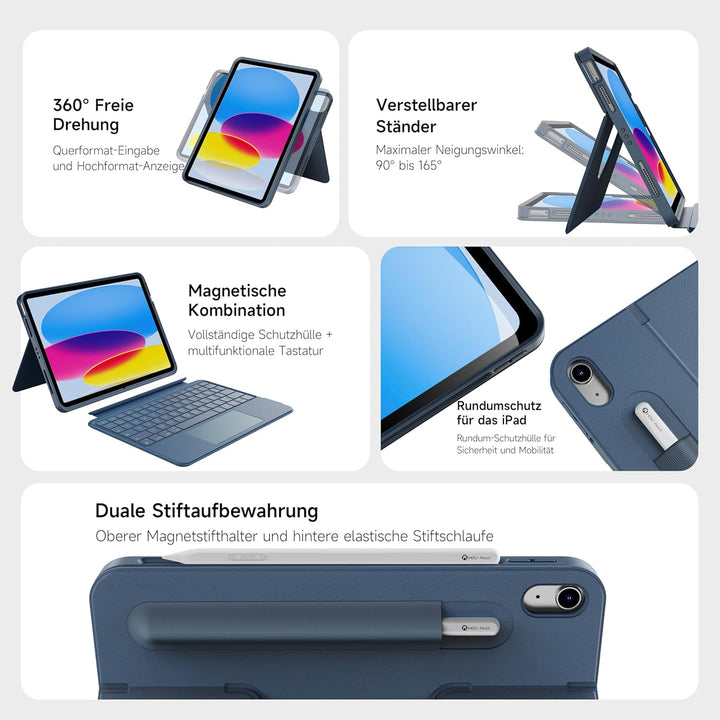 HOU iPad A16/10. Generation Case mit Tastatur, Drehbare und Abnehmbare Tastatur für iPad 11/10, Elas