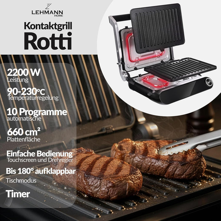 LEHMANN Kontaktgrill, 2200 W, Tischgrill 180° aufklappbar - Grillfläche bis 1320 cm², Abnehmbare Ant