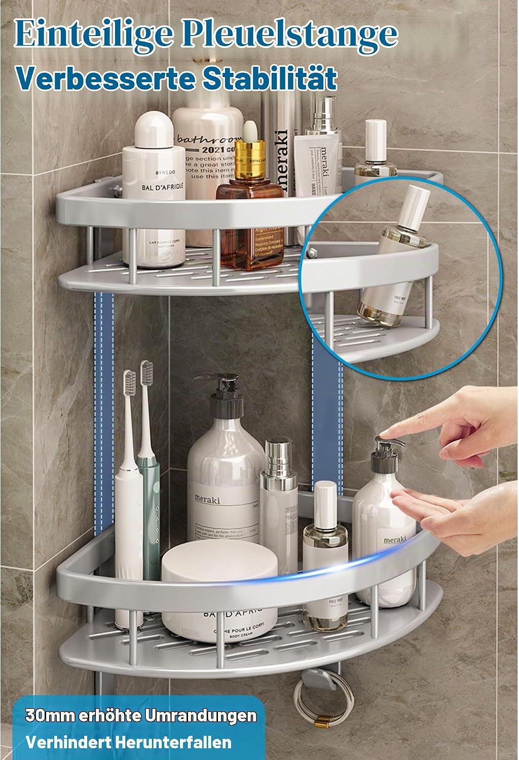 GERUIKE Duschkorb Ecke, Duschregal, Duschablage Ohne Bohren | Wandmontage, mit Klebepad, Silber, Alu