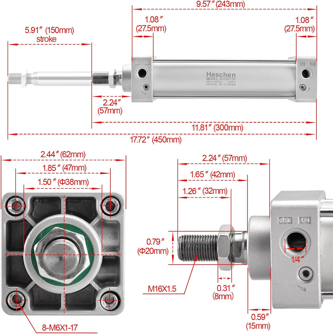 Heschen Pneumatischer Standard-Luftdruckzylinder, SC 50-150, PT1/4 Anschluss, 50mm Bohrung, 150mm Hu