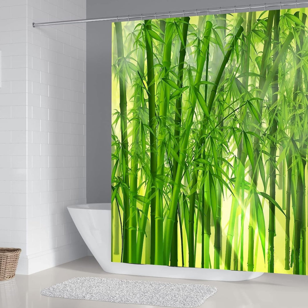 Lieson Anti Schimmel Duschvorhang Polyester 180x180 cm, Grüner Duschvorhang Bambus Motiv Waschbarer