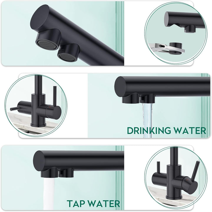 CREA 3 Wege Wasserhahn Küche Schwarz, 360° Drehbar Küchenarmatur, 3 in 1 Mischbatterie Küche für Was