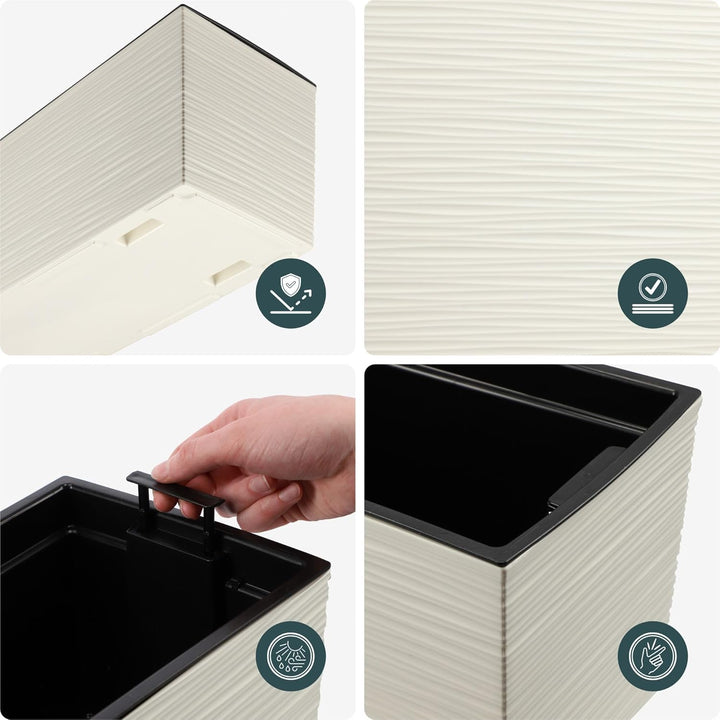 KADAX Blumenkasten 18,5x56 cm, Ritzmuster, Creme, mit Einsatz – wetterfester rechteckiger Pflanzkast