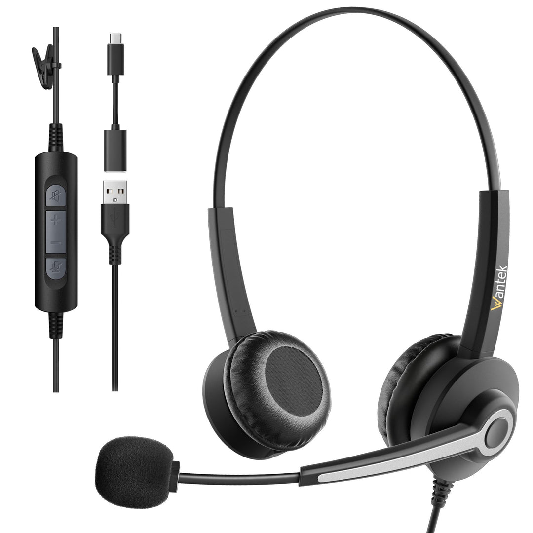 Wantek USB Headset mit Mikrofon für Laptop,PC kabelgebundene Kopfhörer mit USB-C Klinkenadapter,Laut