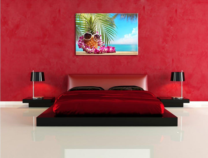 Ananas Urlaubsfeeling mit Sonnenbrille Format: 100x70 auf Leinwand, XXL riesige Bilder fertig gerahm