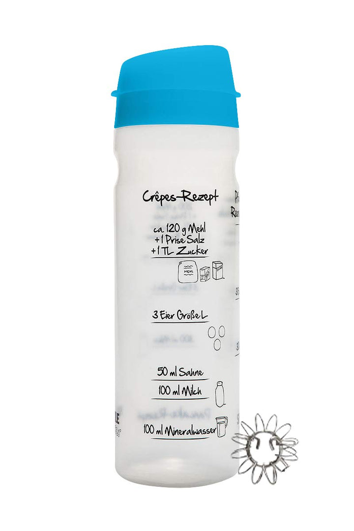 Pfannkuchen-Shaker (875ml, blau) einfach Teig machen und portionieren mit Rezeptaufdruck für Crêpes,