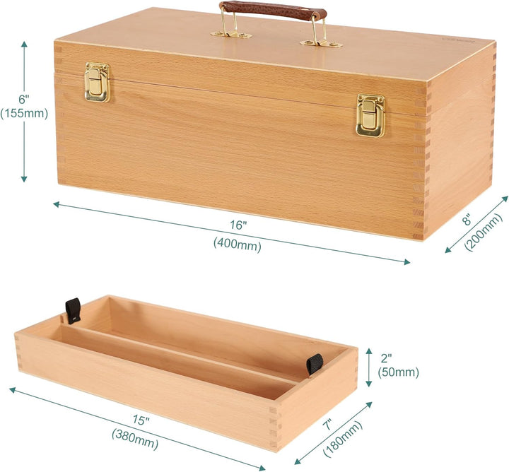 VISWIN 40 x 20 x 15.5 cm Grosse Kunstaufbewahrungsbox, Doppellagige Werkzeugkiste aus Massivem Buche