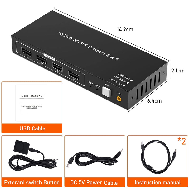 2x1 8K HDMI KVM Switch - Tendak 2 Ports HDMI 2.1 KVM Switch USB PC Computer KVM Umschalter Tastatur