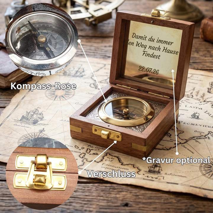SonKo® Kompass mit Gravur Kompass personalisiert – Antik Optik nautischer funktionsfähige Maritime D